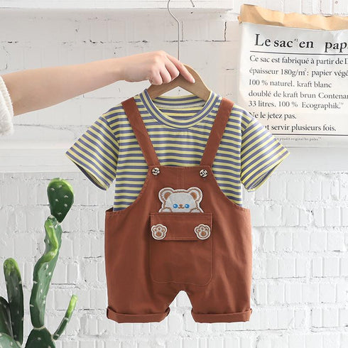 Striped short sleeve suit baby summer casual suspender pants